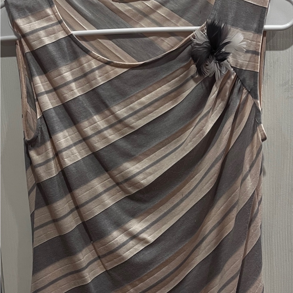 High end designer St Emile Striped Draped Sleeveless Top with Feather Accent